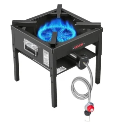 VEVOR Single Burner Outdoor Propane Gas Stove, 200,000 BTU Propane LPG Gas Camping Stove, Heavy Duty Carbon Steel Outdoor Cooker, with Shield & 20 PSI Regulator, for BBQ Camp Home Patio Seafood Boil