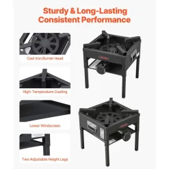 VEVOR Single Burner Outdoor Propane Gas Stove, 200,000 BTU Propane LPG Gas Camping Stove, Heavy Duty Carbon Steel Outdoor Cooker, with Shield & 20 PSI Regulator, for BBQ Camp Home Patio Seafood Boil