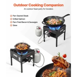 VEVOR Single Burner Outdoor Propane Gas Stove, 200,000 BTU Propane LPG Gas Camping Stove, Heavy Duty Carbon Steel Outdoor Cooker, with Shield & 20 PSI Regulator, for BBQ Camp Home Patio Seafood Boil