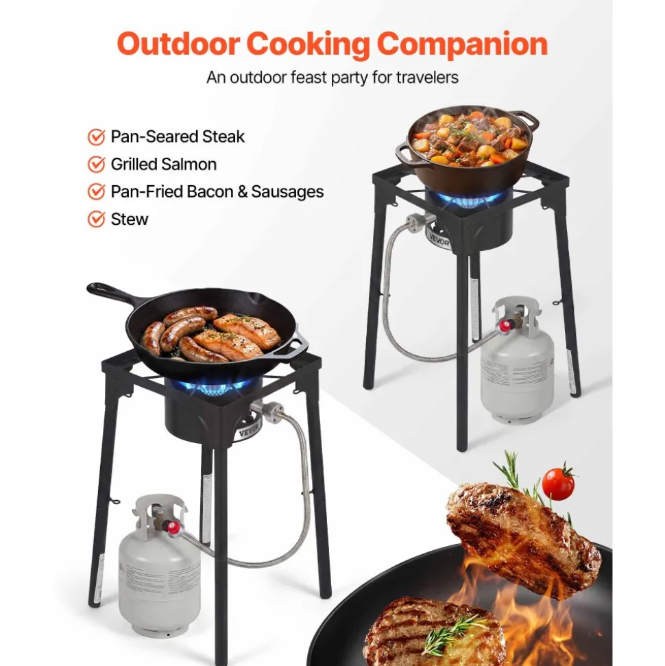 VEVOR Single Burner Outdoor Propane Gas Stove, 100,000 BTU Propane LPG Gas Camping Stove, Heavy Duty Carbon Steel Outdoor Cooker, with Tall Stand & PSI Regulator, for BBQ Camp Home Patio RV Cooking