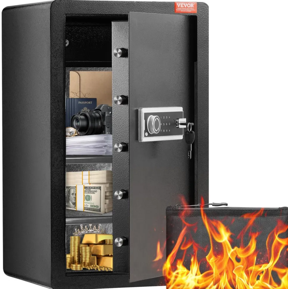 VEVOR Single Door 4.0 cu.ft Safe Box with Key Lock & Password, Safe Lock Box with Fireproof Bag, Key Rack, LED Light, 2 Shelves, and 1 Cabinet for Money, Documents, Jewelry, and Valuables, Black