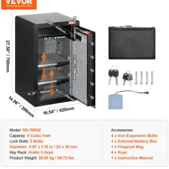 VEVOR Single Door 4.0 cu.ft Safe Box with Key Lock & Password, Safe Lock Box with Fireproof Bag, Key Rack, LED Light, 2 Shelves, and 1 Cabinet for Money, Documents, Jewelry, and Valuables, Black