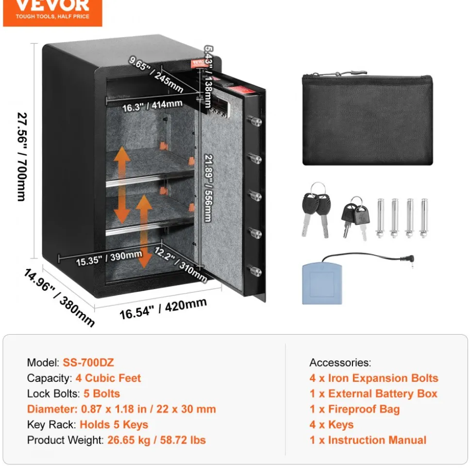 VEVOR Single Door 4.0 cu.ft Safe Box with Key Lock & Password, Safe Lock Box with Fireproof Bag, Key Rack, LED Light, 2 Shelves, and 1 Cabinet for Money, Documents, Jewelry, and Valuables, Black
