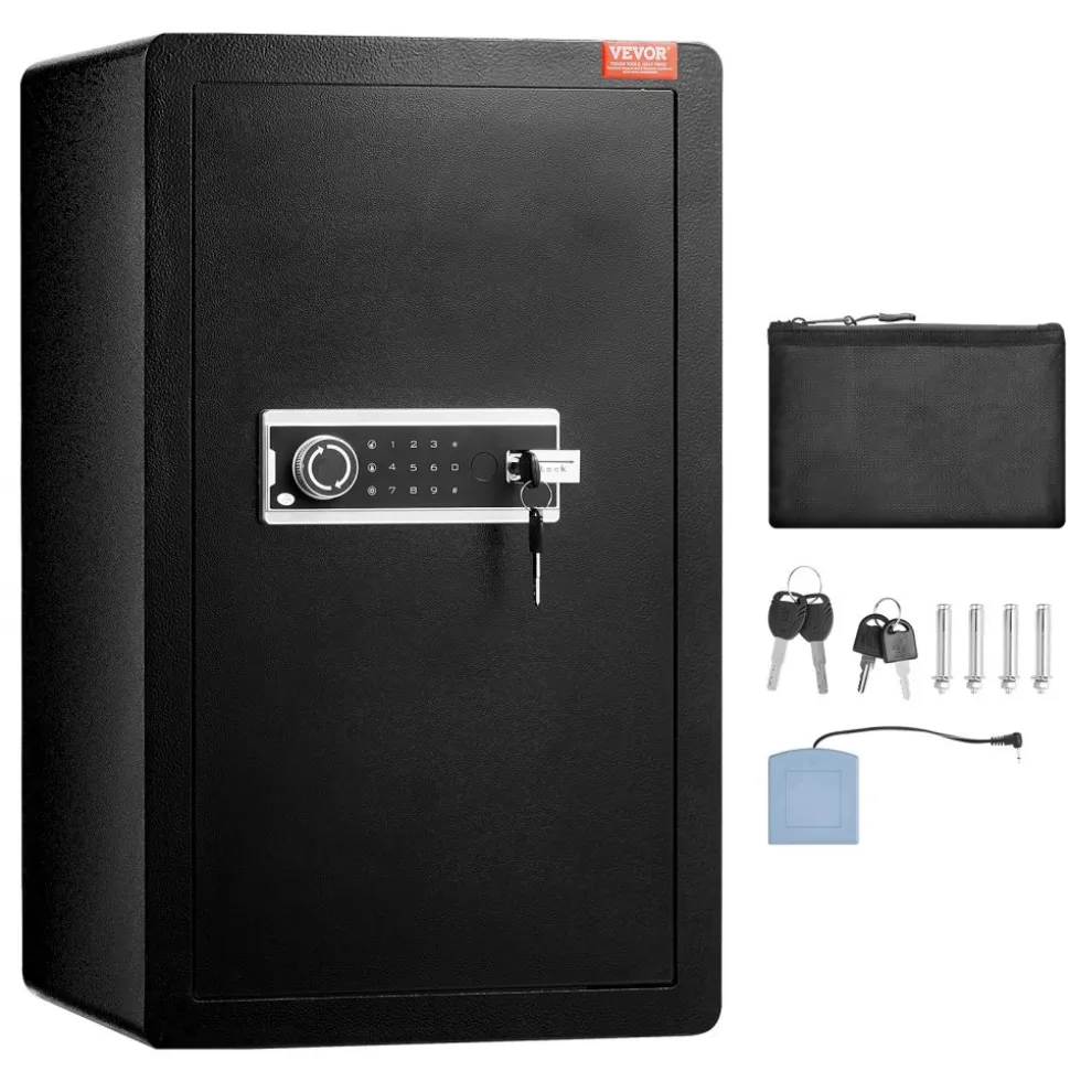 VEVOR Single Door 4.0 cu.ft Safe Box with Key Lock & Password, Safe Lock Box with Fireproof Bag, Key Rack, LED Light, 2 Shelves, and 1 Cabinet for Money, Documents, Jewelry, and Valuables, Black