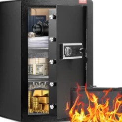 VEVOR Single Door 3.5 cu.ft Safe Box with Key Lock & Password, Safe Lock Box with Fireproof Bag, Key Rack, LED Light, and 2 Shelves for Money, Documents, Jewelry, and Valuables, Black
