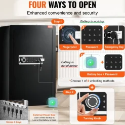 VEVOR Single Door 4.0 cu.ft Safe Box with Key Lock, Password & Fingerprint, Safe Lock Box with Fireproof Bag, Key Rack, LED Light, and 2 Shelves for Money, Documents, Jewelry, and Valuables, Black
