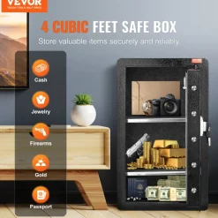 VEVOR Single Door 4.0 cu.ft Safe Box with Key Lock, Password & Fingerprint, Safe Lock Box with Fireproof Bag, Key Rack, LED Light, and 2 Shelves for Money, Documents, Jewelry, and Valuables, Black
