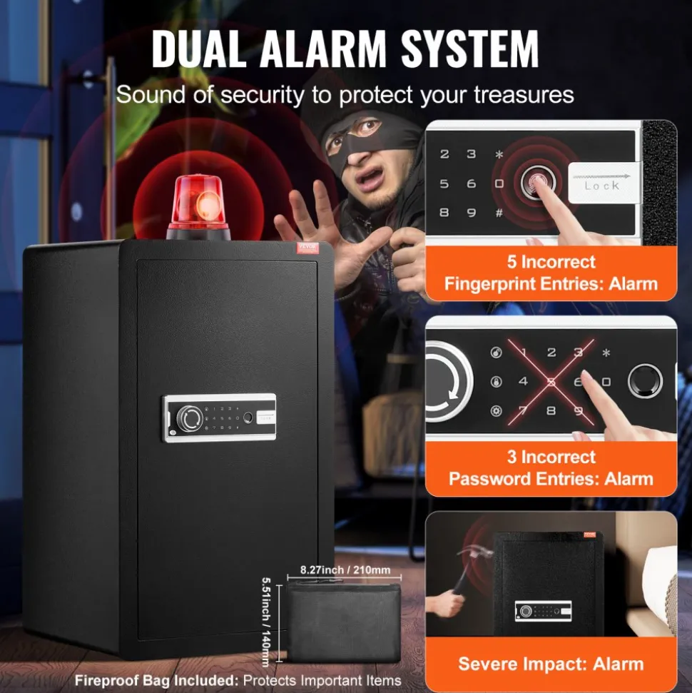 VEVOR Single Door 4.0 cu.ft Safe Box with Key Lock, Password & Fingerprint, Safe Lock Box with Fireproof Bag, Key Rack, LED Light, and 2 Shelves for Money, Documents, Jewelry, and Valuables, Black