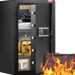 VEVOR Single Door 4.0 cu.ft Safe Box with Key Lock, Password & Fingerprint, Safe Lock Box with Fireproof Bag, Key Rack, LED Light, and 2 Shelves for Money, Documents, Jewelry, and Valuables, Black