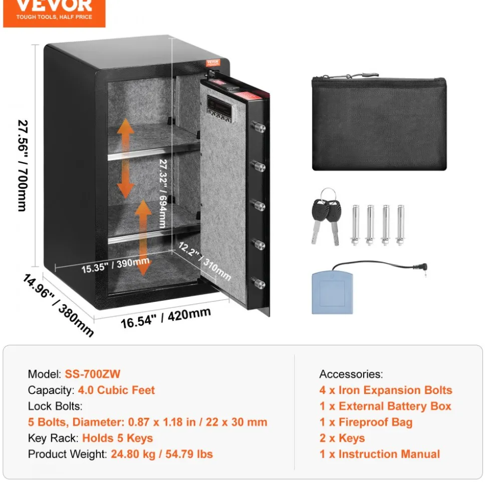 VEVOR Single Door 4.0 cu.ft Safe Box with Key Lock, Password & Fingerprint, Safe Lock Box with Fireproof Bag, Key Rack, LED Light, and 2 Shelves for Money, Documents, Jewelry, and Valuables, Black