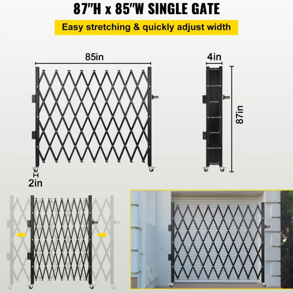 VEVOR Single Folding Security Gate, 7 ft H x 7 ft W Folding Door Gate, Steel Accordion Security Gate, Flexible Expanding Security Gate, 360° Rolling Barricade Gate, Scissor Gate/Door with Padlock