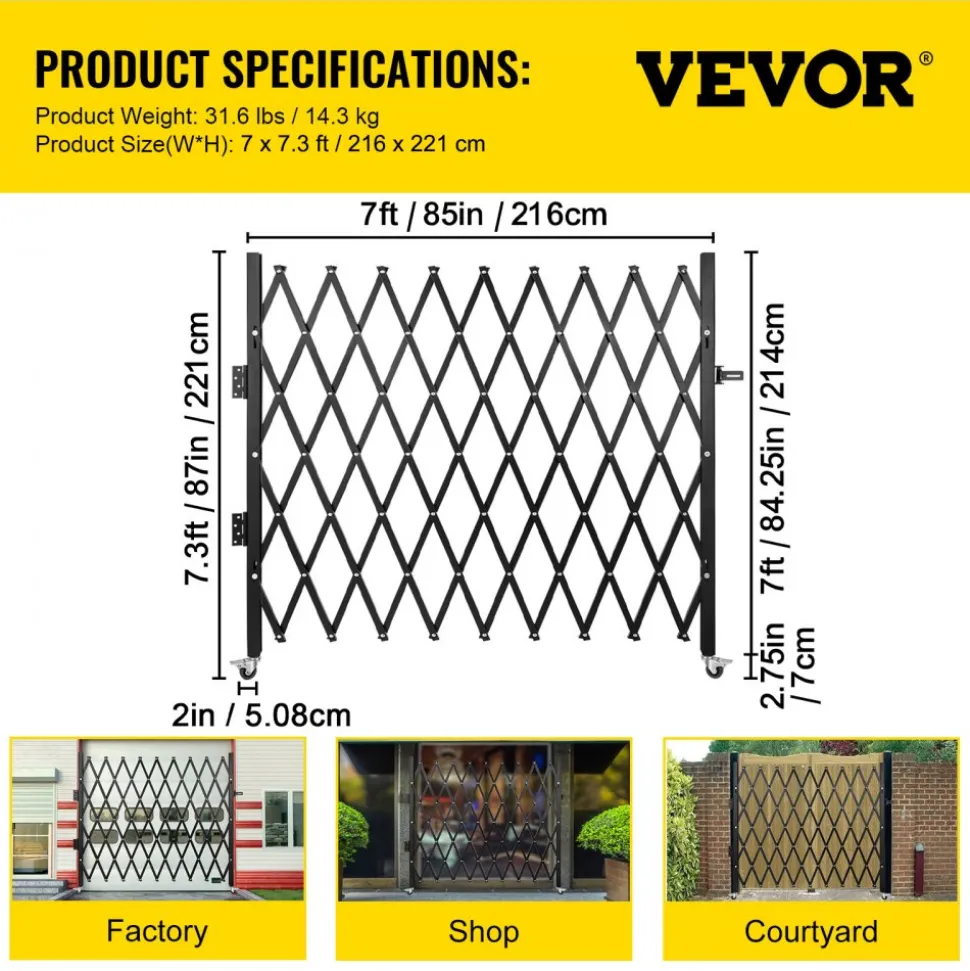 VEVOR Single Folding Security Gate, 7 ft H x 7 ft W Folding Door Gate, Steel Accordion Security Gate, Flexible Expanding Security Gate, 360° Rolling Barricade Gate, Scissor Gate/Door with Padlock