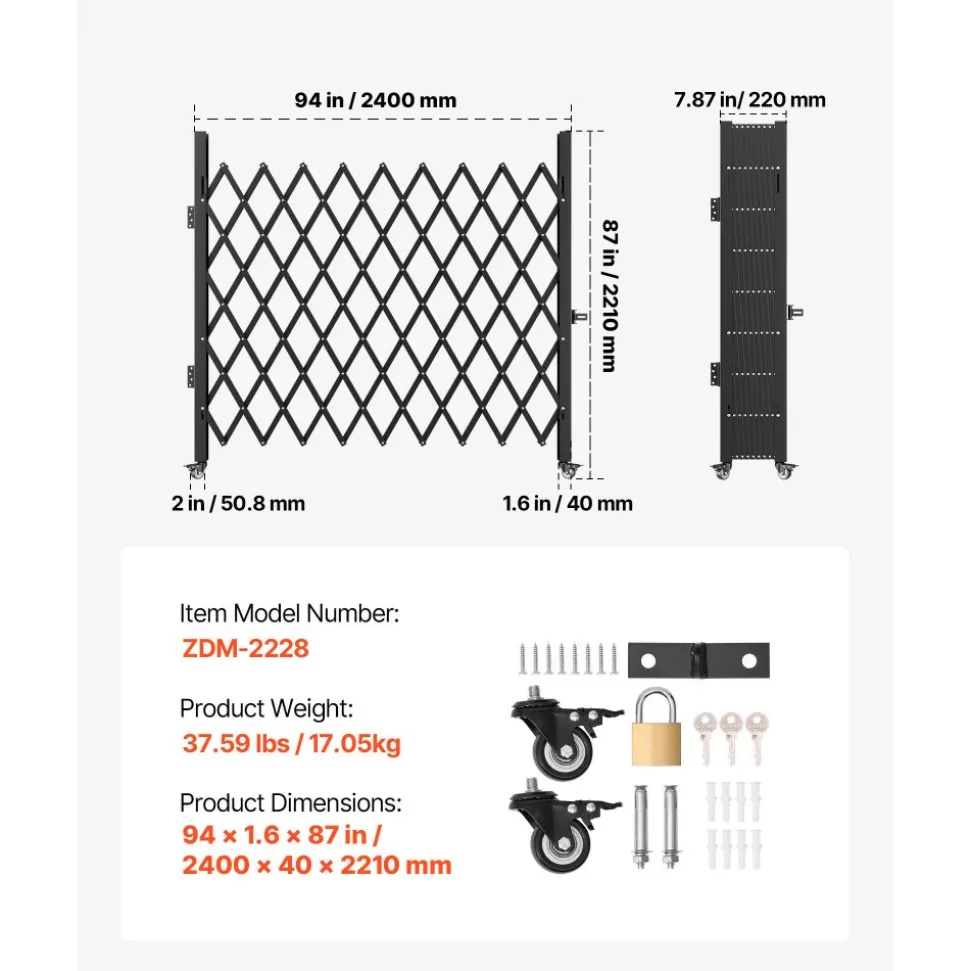 VEVOR Single Folding Security Gate, 7.25 ft H x 7.8 ft W Folding Door Gate, Steel Accordion Security Gate, Flexible Expanding Security Gate, 360° Rolling Barricade Gate, Scissor Gate/Door with Padlock
