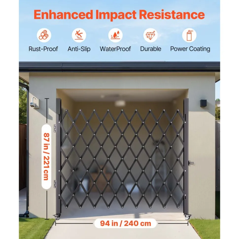 VEVOR Single Folding Security Gate, 7.25 ft H x 7.8 ft W Folding Door Gate, Steel Accordion Security Gate, Flexible Expanding Security Gate, 360° Rolling Barricade Gate, Scissor Gate/Door with Padlock