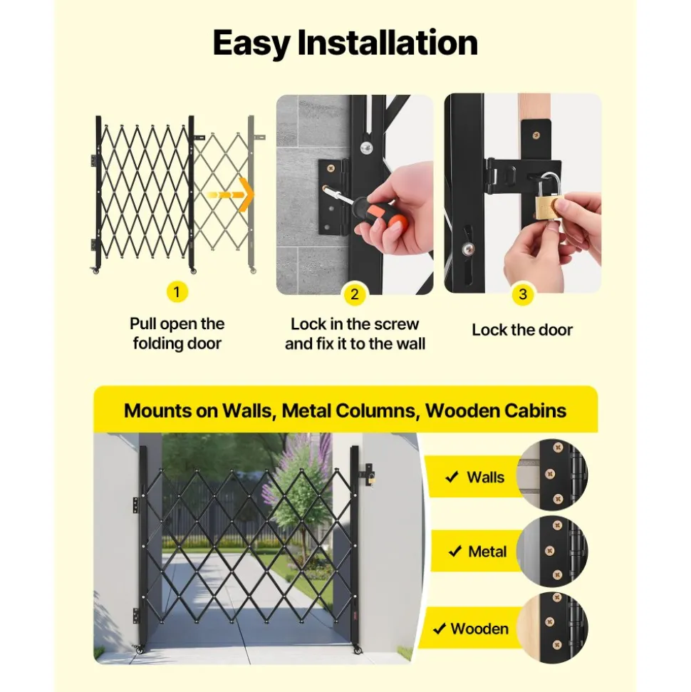 VEVOR Single Folding Security Gate, Lockable Scissor Gate with 360° Swivel Casters, Outdoor Barricade Steel Retractable Gates, for Entry Security, Garage, Warehouse & Pool, 43.31 x 51.57 in (W x H)