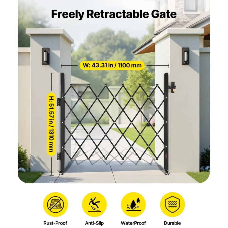 VEVOR Single Folding Security Gate, Lockable Scissor Gate with 360° Swivel Casters, Outdoor Barricade Steel Retractable Gates, for Entry Security, Garage, Warehouse & Pool, 43.31 x 51.57 in (W x H)