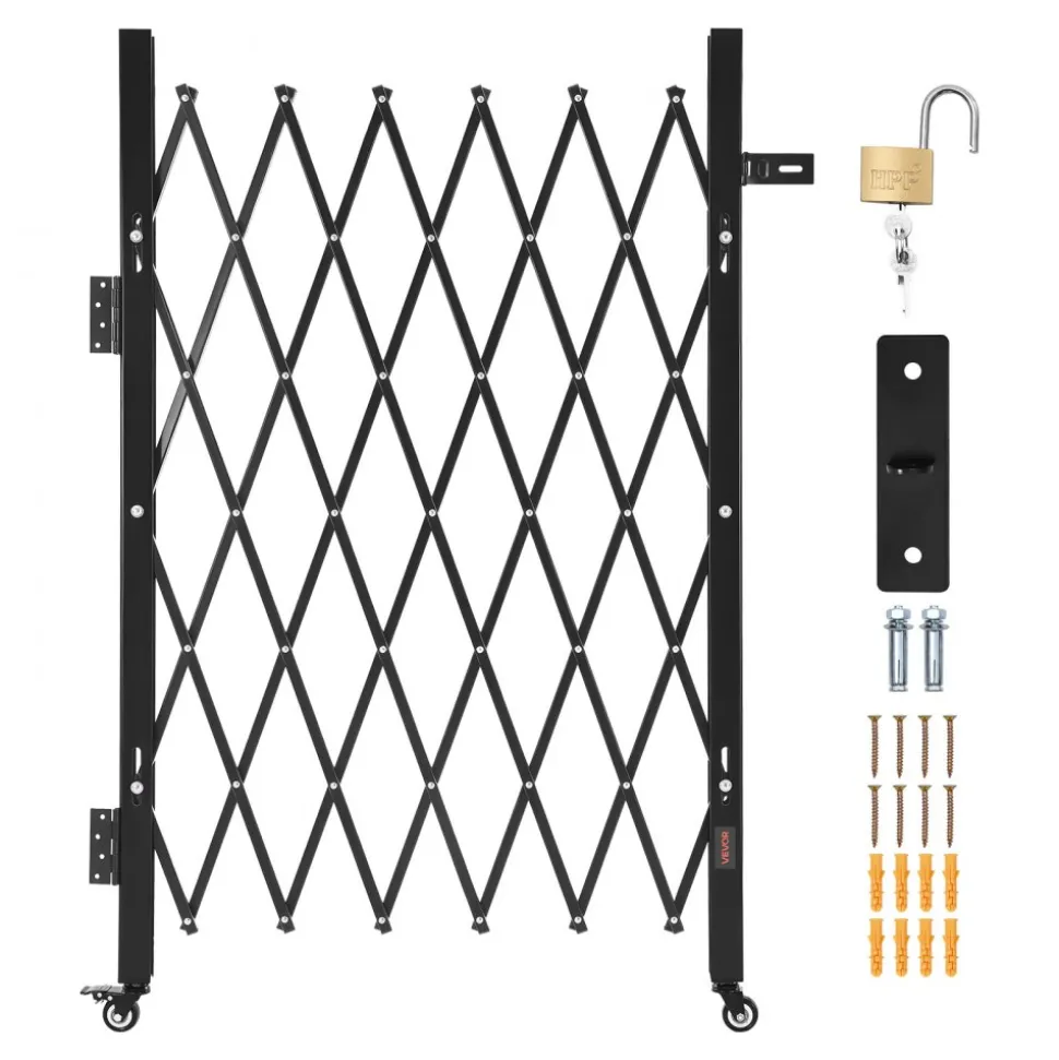 VEVOR Single Folding Security Gate, Lockable Scissor Gate with 360° Swivel Casters, Outdoor Barricade Steel Retractable Gates, for Entry Security, Garage, Warehouse & Pool, 43.31 x 51.57 in (W x H)