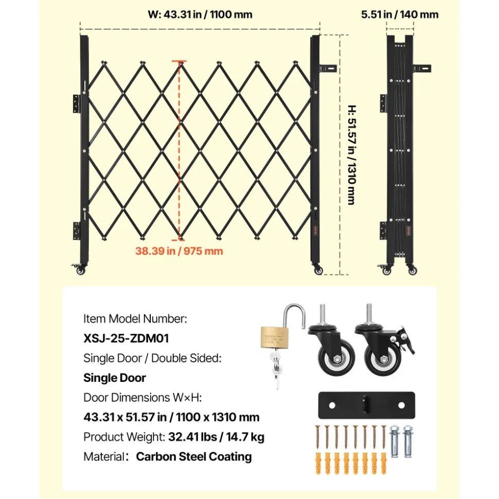VEVOR Single Folding Security Gate, Lockable Scissor Gate with 360° Swivel Casters, Outdoor Barricade Steel Retractable Gates, for Entry Security, Garage, Warehouse & Pool, 43.31 x 51.57 in (W x H)