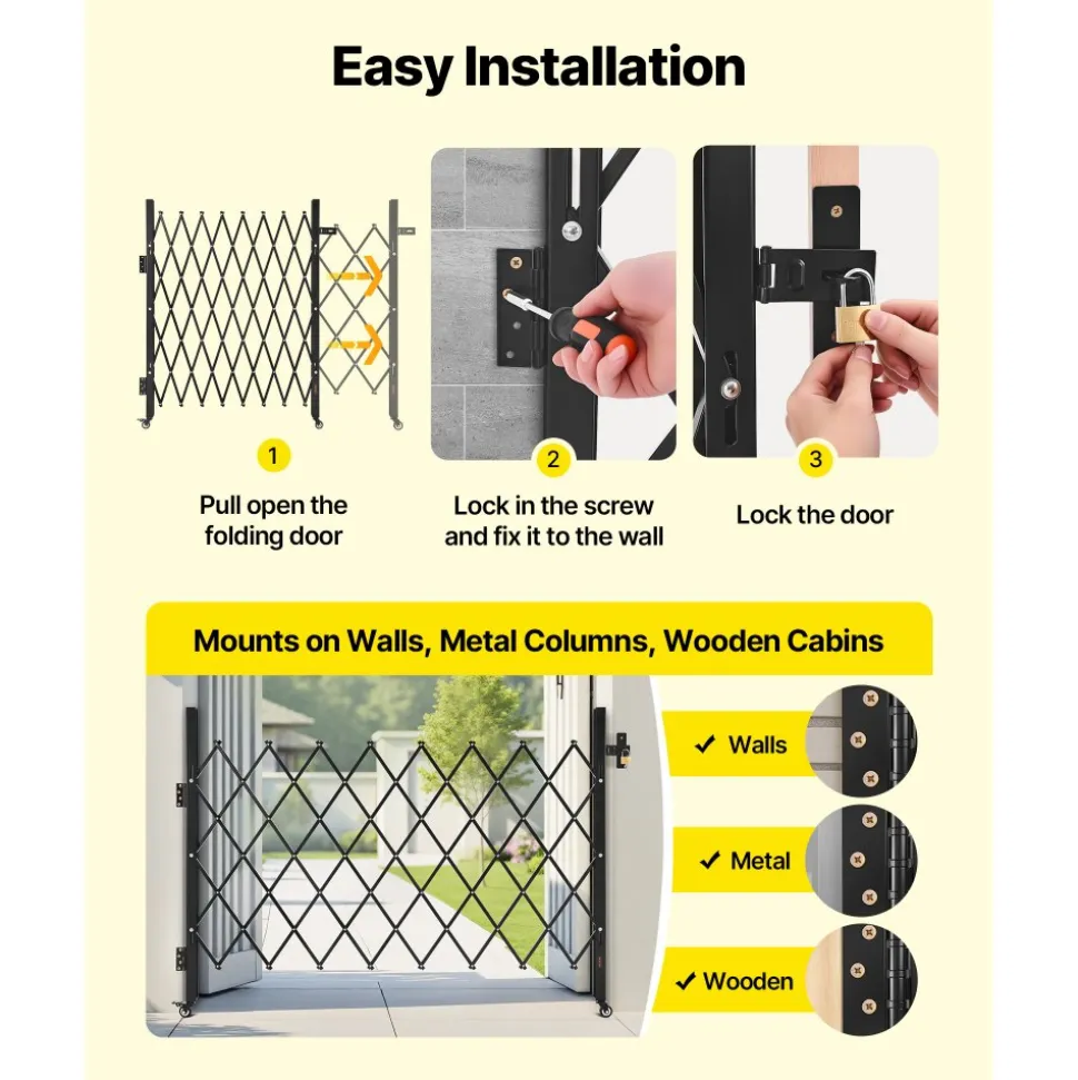 VEVOR Single Folding Security Gate, Lockable Scissor Gate with 360° Swivel Casters, Outdoor Barricade Steel Retractable Gates, for Entry Security, Garage, Warehouse & Pool, 66.93 x 51.57 in (W x H)