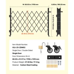 VEVOR Single Folding Security Gate, Lockable Scissor Gate with 360° Swivel Casters, Outdoor Barricade Steel Retractable Gates, for Entry Security, Garage, Warehouse & Pool, 66.93 x 51.57 in (W x H)