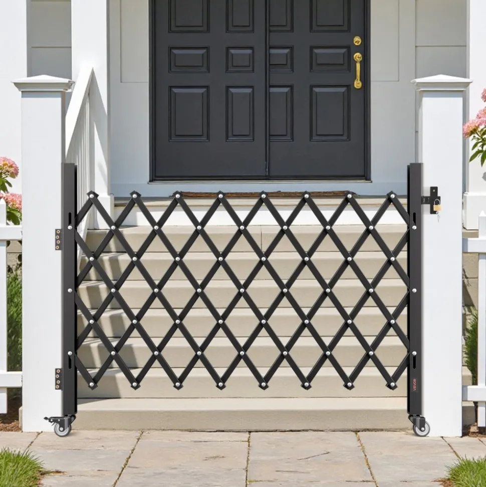 VEVOR Single Folding Security Gate, Lockable Scissor Gate with 360° Swivel Casters, Outdoor Barricade Steel Retractable Gates, for Entry Security, Garage, Warehouse & Pool, 66.93 x 51.57 in (W x H)