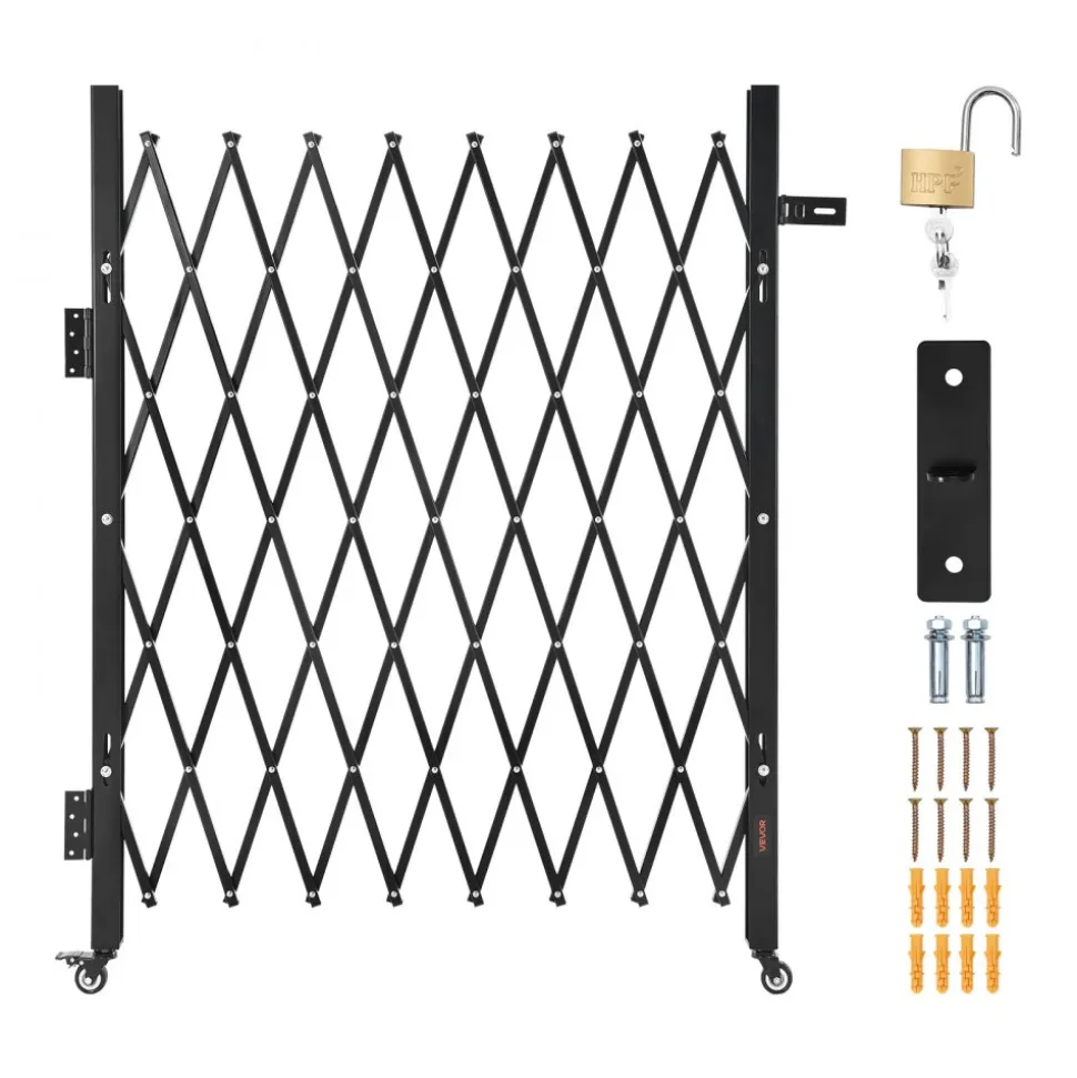 VEVOR Single Folding Security Gate, Lockable Scissor Gate with 360° Swivel Casters, Outdoor Barricade Steel Retractable Gates, for Entry Security, Garage, Warehouse & Pool, 66.93 x 51.57 in (W x H)