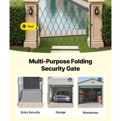 VEVOR Single Folding Security Gate, Lockable Scissor Gate with 360° Swivel Casters, Outdoor Barricade Steel Retractable Gates, for Entry Security, Garage, Warehouse & Pool, 94.49 x 86.81 in (W x H)