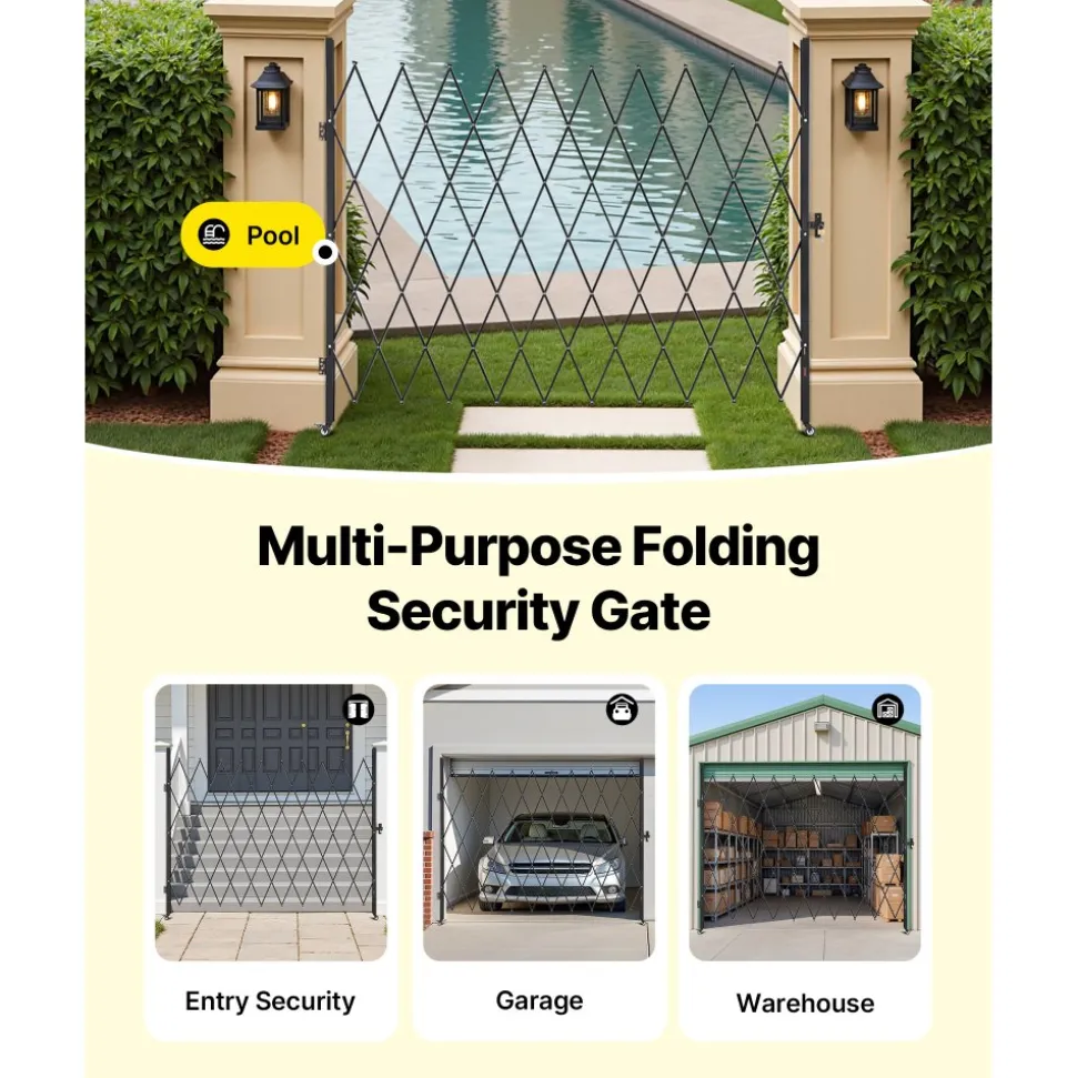 VEVOR Single Folding Security Gate, Lockable Scissor Gate with 360° Swivel Casters, Outdoor Barricade Steel Retractable Gates, for Entry Security, Garage, Warehouse & Pool, 94.49 x 86.81 in (W x H)