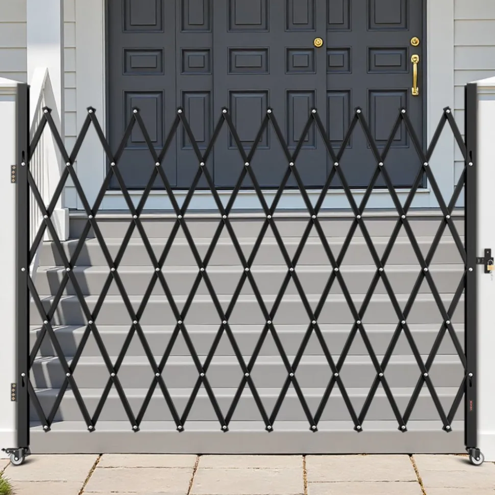 VEVOR Single Folding Security Gate, Lockable Scissor Gate with 360° Swivel Casters, Outdoor Barricade Steel Retractable Gates, for Entry Security, Garage, Warehouse & Pool, 94.49 x 86.81 in (W x H)