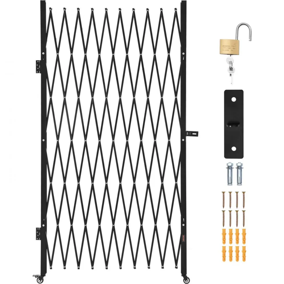 VEVOR Single Folding Security Gate, Lockable Scissor Gate with 360° Swivel Casters, Outdoor Barricade Steel Retractable Gates, for Entry Security, Garage, Warehouse & Pool, 94.49 x 86.81 in (W x H)
