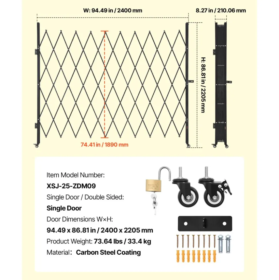 VEVOR Single Folding Security Gate, Lockable Scissor Gate with 360° Swivel Casters, Outdoor Barricade Steel Retractable Gates, for Entry Security, Garage, Warehouse & Pool, 94.49 x 86.81 in (W x H)