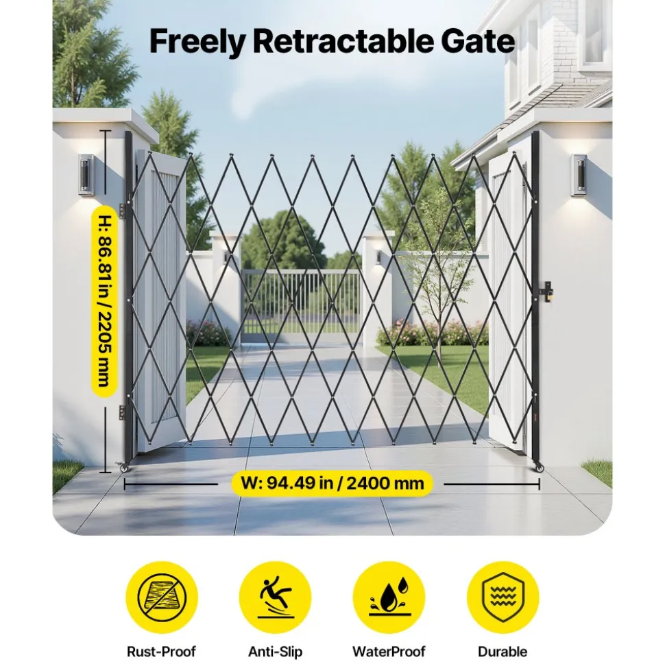 VEVOR Single Folding Security Gate, Lockable Scissor Gate with 360° Swivel Casters, Outdoor Barricade Steel Retractable Gates, for Entry Security, Garage, Warehouse & Pool, 94.49 x 86.81 in (W x H)