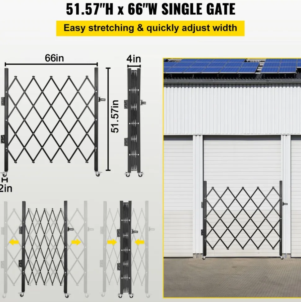 VEVOR Single Folding Security Gate, 48" H x 66" W Folding Door Gate, Steel Accordion Security Gate, Flexible Expanding Security Gate, 360° Rolling Barricade Gate, Scissor Gate or Door with Padlock