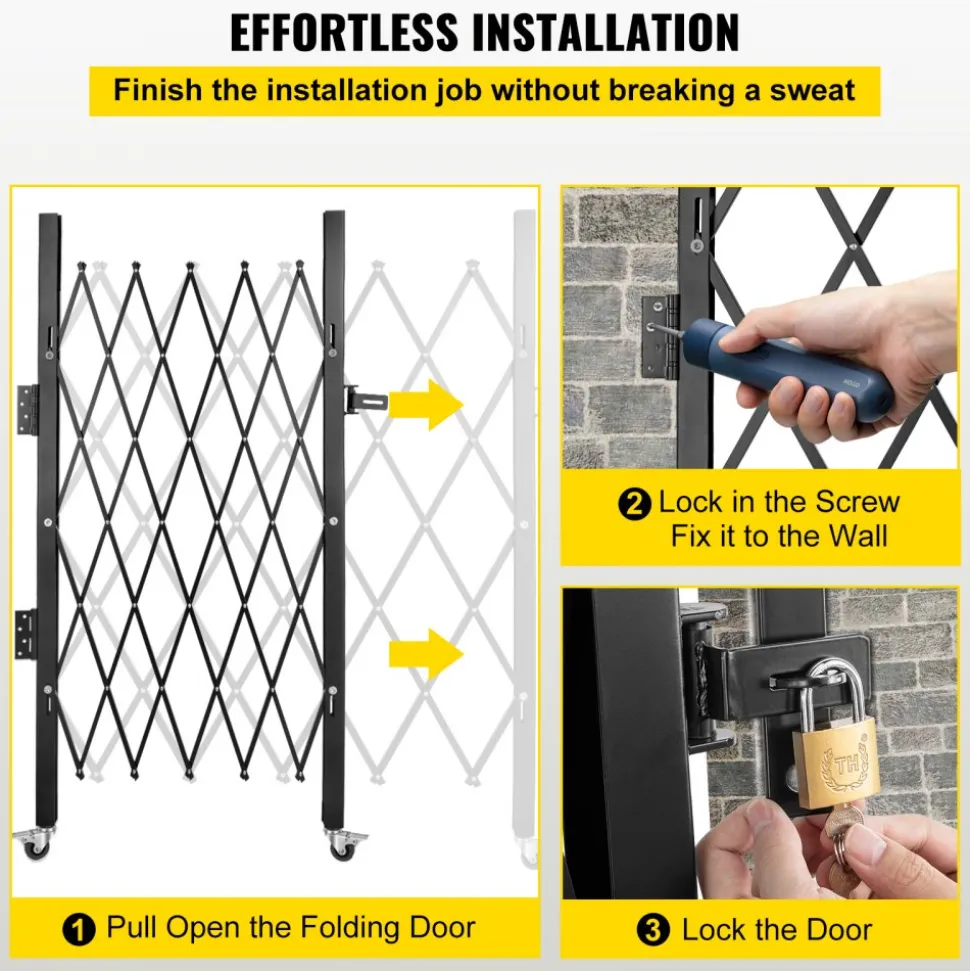 VEVOR Single Folding Security Gate, Lockable Scissor Gate with 360° Swivel Casters, Outdoor Barricade Steel Retractable Gates, for Entry Security, Garage, Warehouse & Pool, 86.61 x 86.81 in (W x H)