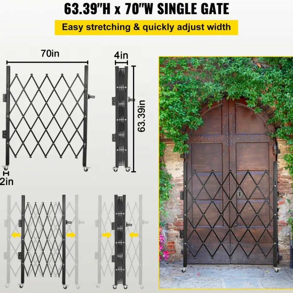 VEVOR Single Folding Security Gate, Lockable Scissor Gate with 360° Swivel Casters, Outdoor Barricade Steel Retractable Gates, for Entry Security, Garage, Warehouse & Pool, 86.61 x 86.81 in (W x H)