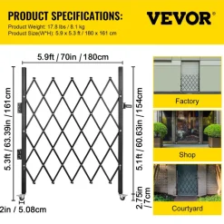 VEVOR Single Folding Security Gate, Lockable Scissor Gate with 360° Swivel Casters, Outdoor Barricade Steel Retractable Gates, for Entry Security, Garage, Warehouse & Pool, 86.61 x 86.81 in (W x H)