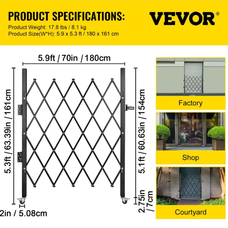 VEVOR Single Folding Security Gate, Lockable Scissor Gate with 360° Swivel Casters, Outdoor Barricade Steel Retractable Gates, for Entry Security, Garage, Warehouse & Pool, 86.61 x 86.81 in (W x H)