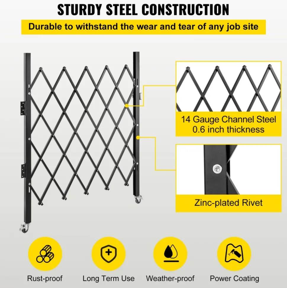 VEVOR Single Folding Security Gate, Lockable Scissor Gate with 360° Swivel Casters, Outdoor Barricade Steel Retractable Gates, for Entry Security, Garage, Warehouse & Pool, 86.61 x 86.81 in (W x H)