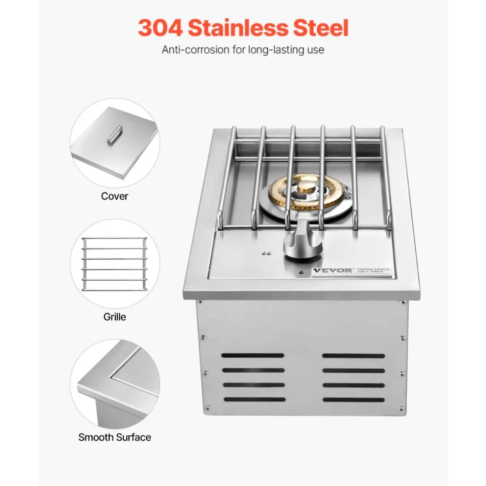 VEVOR Single Grilling Side Burner, 15,000BTU Liquid Propane Side Burner for Outdoor Kitchen, Convertible to Natural Gas, 304 Stainless Steel Built-in Single Grill Burners for BBQ Grill Island