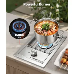 VEVOR Single Grilling Side Burner, 15,000BTU Liquid Propane Side Burner for Outdoor Kitchen, Convertible to Natural Gas, 304 Stainless Steel Built-in Single Grill Burners for BBQ Grill Island
