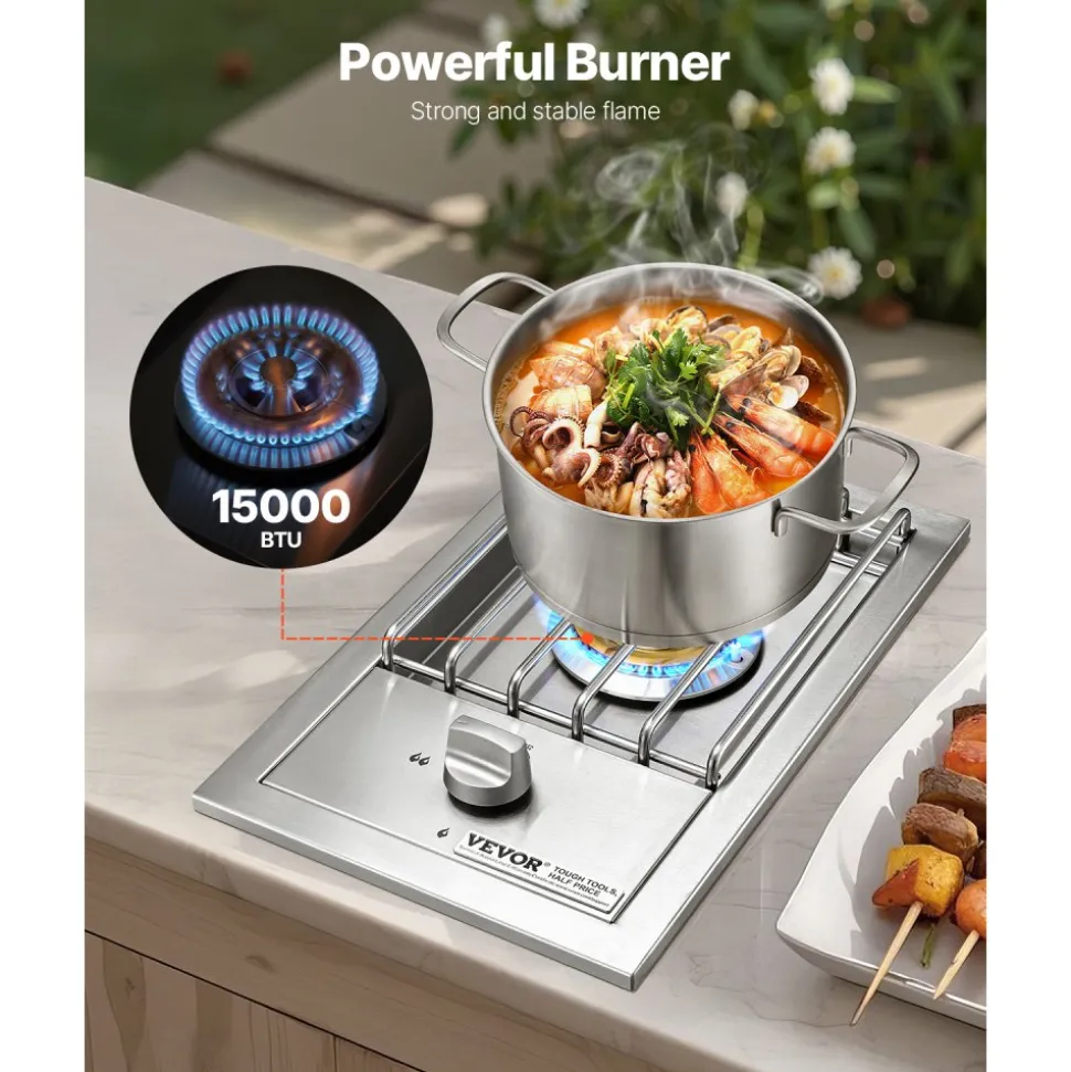 VEVOR Single Grilling Side Burner, 15,000BTU Liquid Propane Side Burner for Outdoor Kitchen, Convertible to Natural Gas, 304 Stainless Steel Built-in Single Grill Burners for BBQ Grill Island