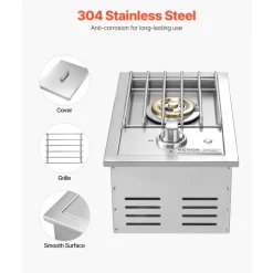 VEVOR Single Grilling Side Burner, 17,000BTU Liquid Propane Side Burner for Outdoor Kitchen, Convertible to Natural Gas, 304 Stainless Steel Built-in Single Grill Burners with LED for BBQ Grill Island