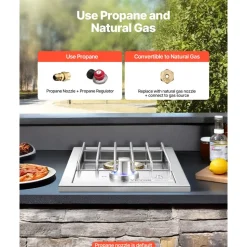 VEVOR Single Grilling Side Burner, 17,000BTU Liquid Propane Side Burner for Outdoor Kitchen, Convertible to Natural Gas, 304 Stainless Steel Built-in Single Grill Burners with LED for BBQ Grill Island