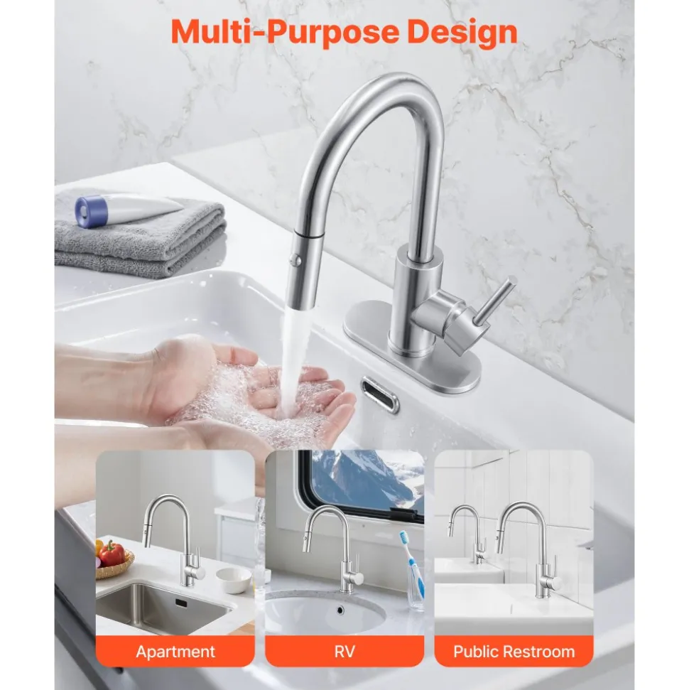 VEVOR Single Handle Sink Faucet, Brushed Nickel Kitchen Faucet with Pull Down Sprayer, Suitable for Bathroom, RV, Bar Sink, Public Restroom, Stream & Spray Dual Water Flow Modes, Leak-Proof Valve