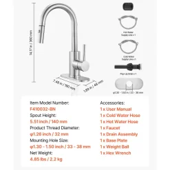VEVOR Single Handle Sink Faucet, Brushed Nickel Kitchen Faucet with Pull Down Sprayer, Suitable for Bathroom, RV, Bar Sink, Public Restroom, Stream & Spray Dual Water Flow Modes, Leak-Proof Valve