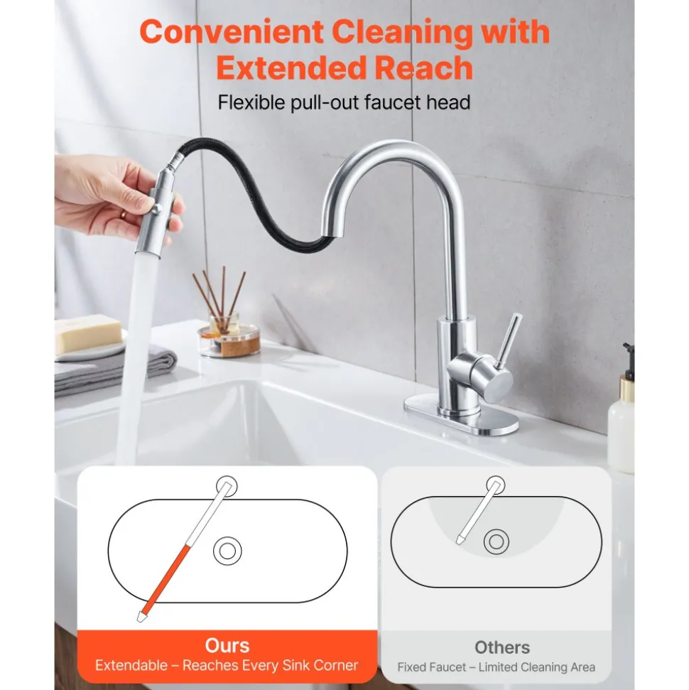 VEVOR Single Handle Sink Faucet, Brushed Nickel Kitchen Faucet with Pull Down Sprayer, Suitable for Bathroom, RV, Bar Sink, Public Restroom, Stream & Spray Dual Water Flow Modes, Leak-Proof Valve