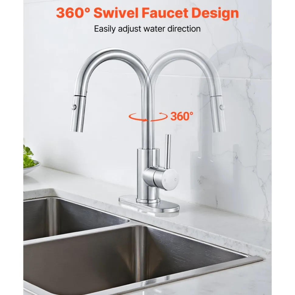 VEVOR Single Handle Sink Faucet, Brushed Nickel Kitchen Faucet with Pull Down Sprayer, Suitable for Bathroom, RV, Bar Sink, Public Restroom, Stream & Spray Dual Water Flow Modes, Leak-Proof Valve