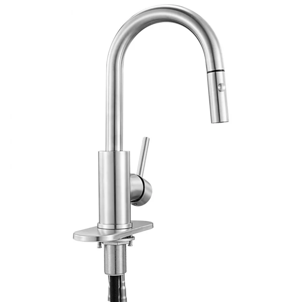 VEVOR Single Handle Sink Faucet, Brushed Nickel Kitchen Faucet with Pull Down Sprayer, Suitable for Bathroom, RV, Bar Sink, Public Restroom, Stream & Spray Dual Water Flow Modes, Leak-Proof Valve