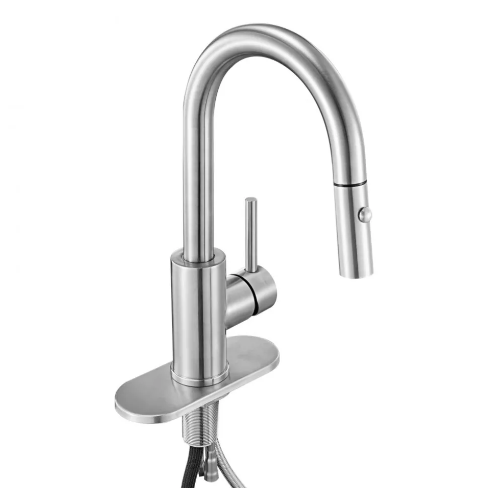 VEVOR Single Handle Sink Faucet, Brushed Nickel Kitchen Faucet with Pull Down Sprayer, Suitable for Bathroom, RV, Bar Sink, Public Restroom, Stream & Spray Dual Water Flow Modes, Leak-Proof Valve