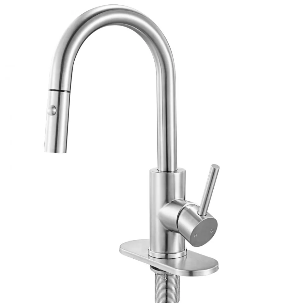 VEVOR Single Handle Sink Faucet, Brushed Nickel Kitchen Faucet with Pull Down Sprayer, Suitable for Bathroom, RV, Bar Sink, Public Restroom, Stream & Spray Dual Water Flow Modes, Leak-Proof Valve